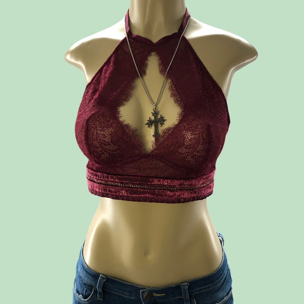 Victoria's Secret Very Sexy Halter Bralette Womens L Burgundy Lace Crop Top